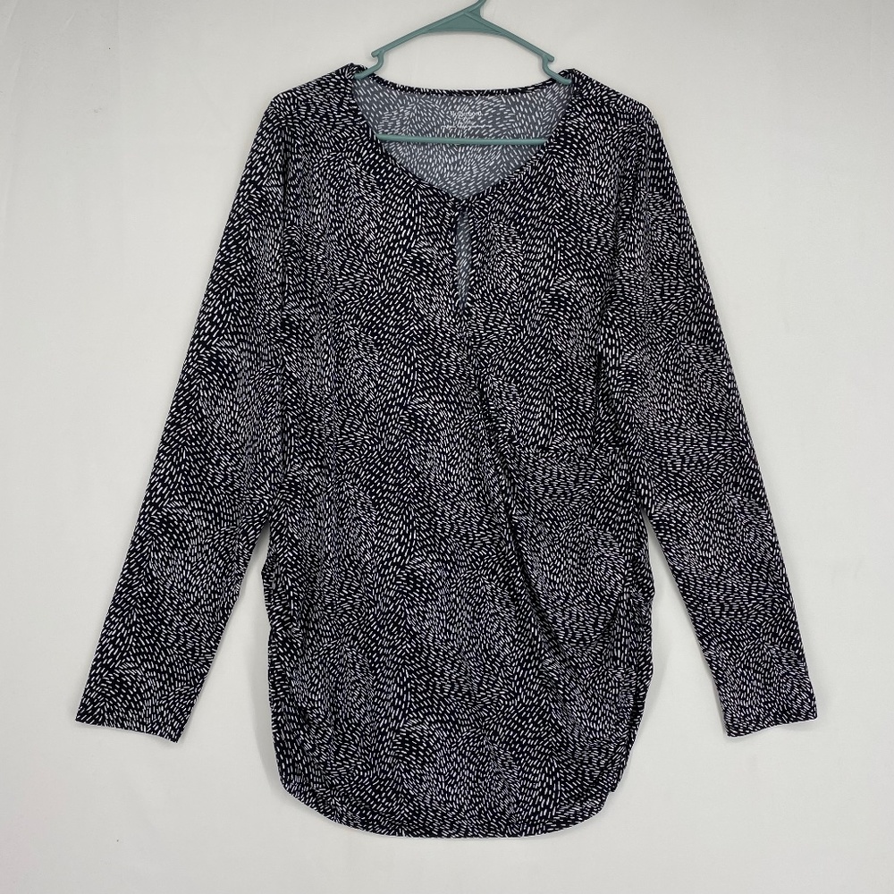 Motherhood Maternity Womens XL Pullover Knit Top Black White Long Sleeves Ruched